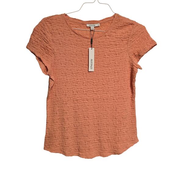 NWT Chico's Knit M Top Textured Cap Sleeve Tee Top Coral Blossom - Picture 1 of 10